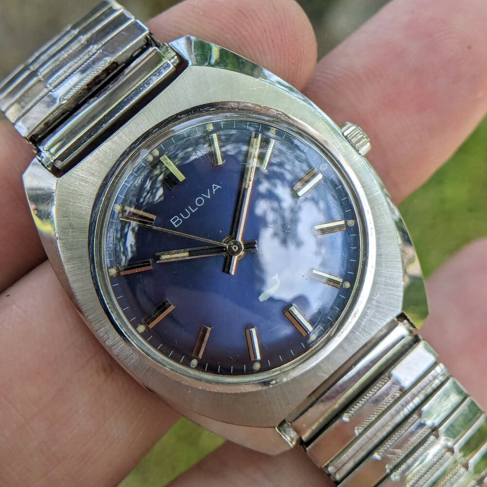 Vintage Bulova Sea King Watch Blue Dial Leather Strap